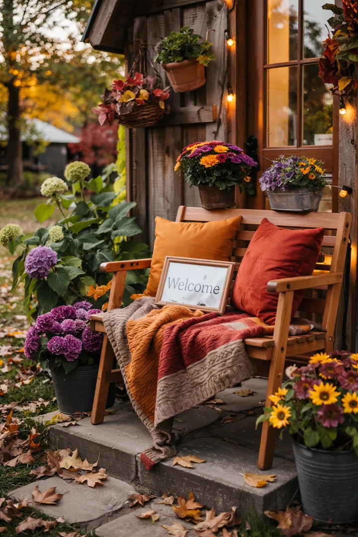 Bunte Pflanzgefäße mit herbstlichen Blumen und dekorativem Zierkohl, die eine einladende Atmosphäre im Freien schaffen.