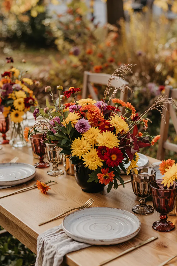 Ein liebevoll gestalteter Tisch im warmen Farbton, geschmückt mit natürlichen Elementen und saisonalen Akzenten, ideal für gemütliche Herbstabende.