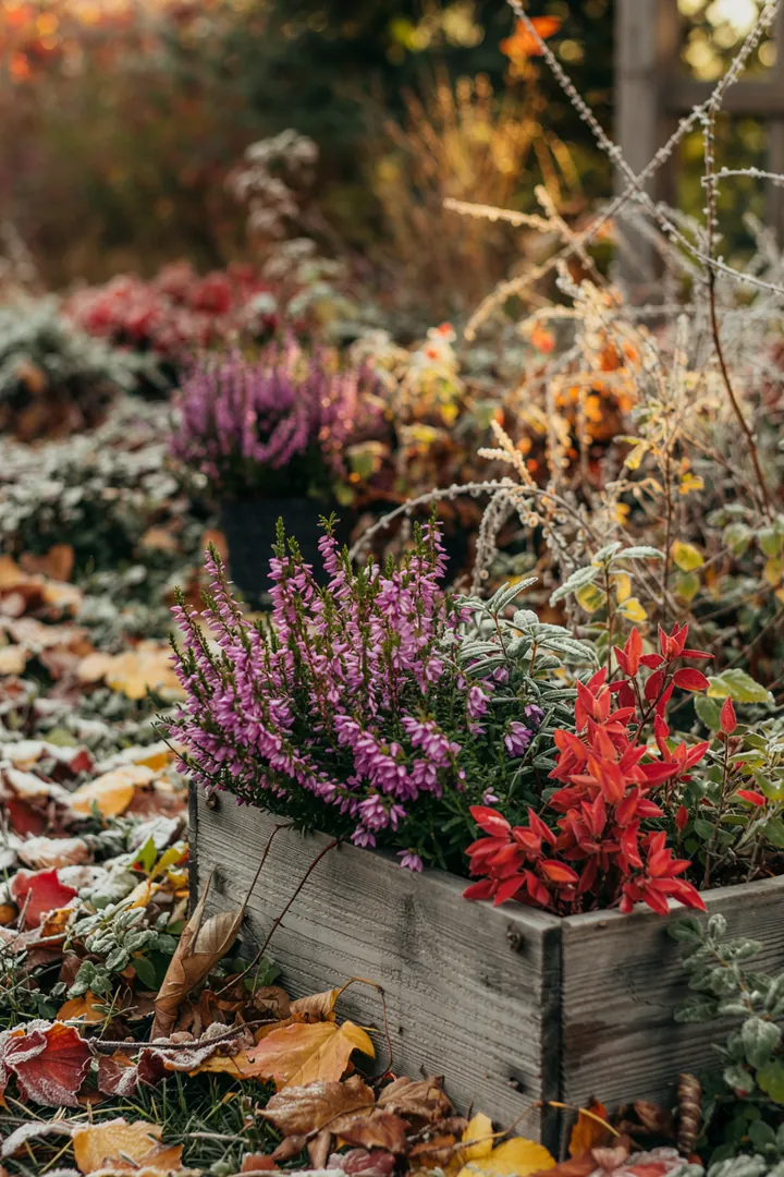 Ein stilvoller Außenbereich mit bunten Pflanzen in dekorativen Kästen und eleganten Möbeln, ideal für die herbstliche Gartengestaltung.