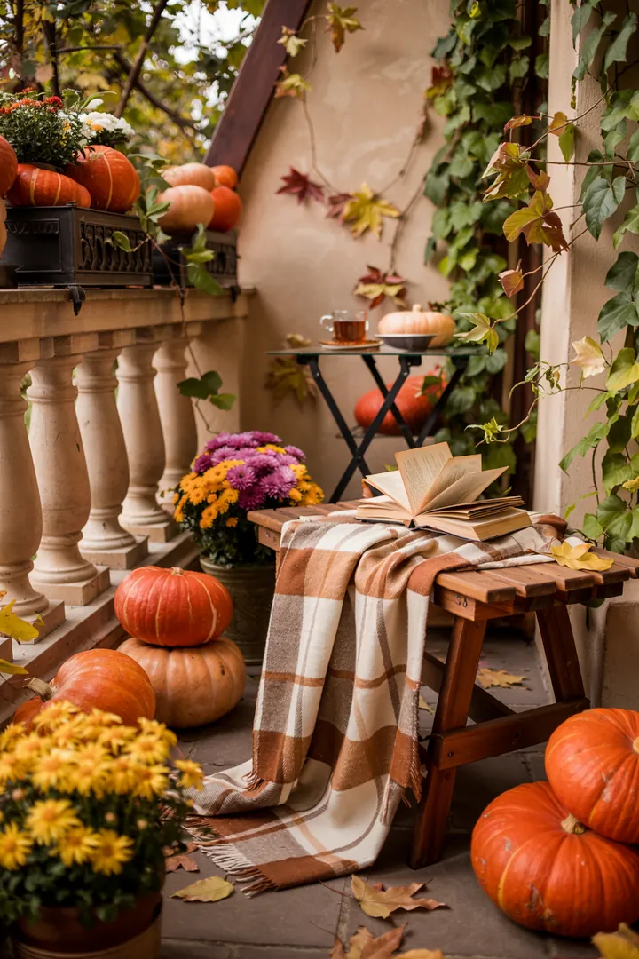 Eine rustikale Anordnung aus bunten Blättern, Kürbissen und Zweigen, die kreative Inspiration für saisonale Wohnraumgestaltung bietet.