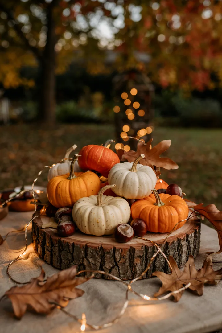 "Ein kreatives Arrangement aus natürlichen Materialien, das die warme Atmosphäre des Herbstes in einem gemütlichen Raum einfängt und selbstgemachte Dekorationen präsentiert."