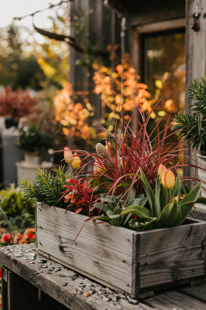 "Natürliche Miniaturbehälter aus Holz, ideal für die winterliche Präsentation von Pflanzen in dekorativen Kübeln."