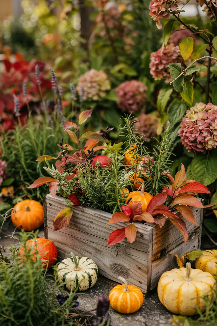 "Stimmungsvolle Arrangement aus bunten Blüten und frischen Pflanzen, das die Schönheit der Natur im Herbst widerspiegelt und eine gemütliche Atmosphäre schafft."
