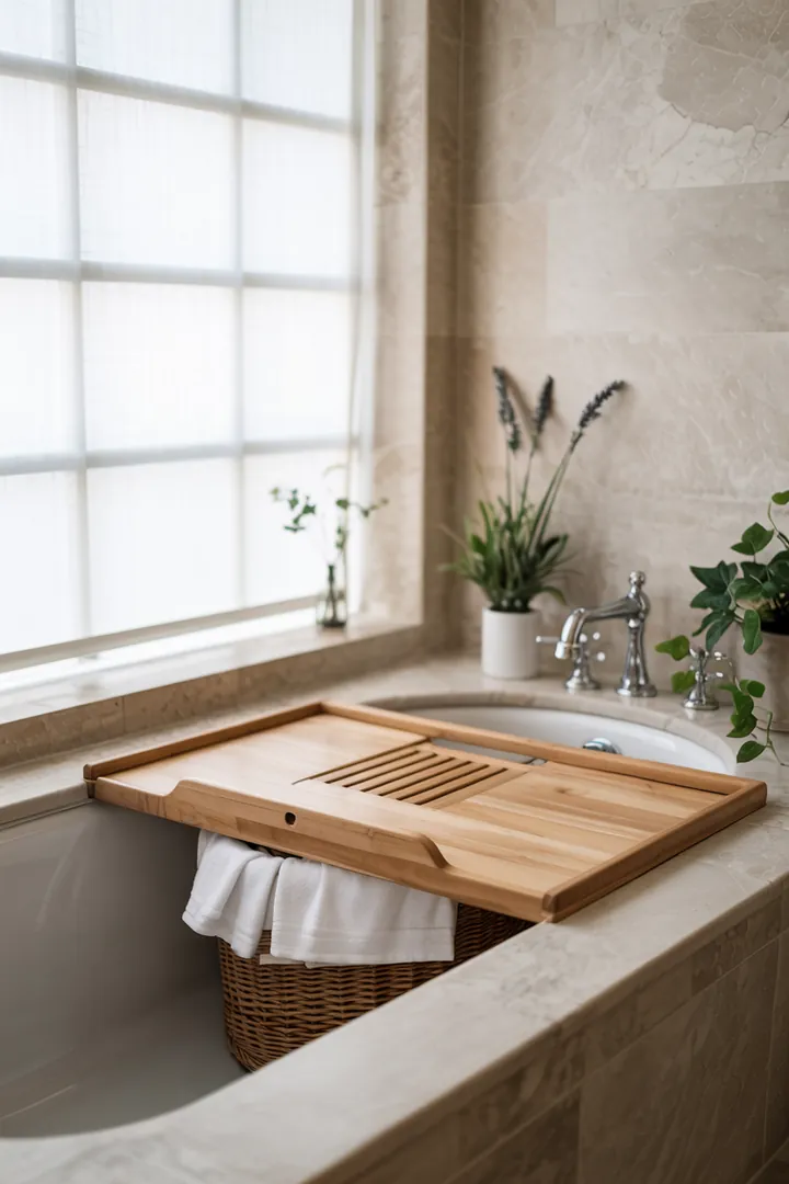 Ein stilvolles Badezimmer mit einer innovativen Wanne, die zusätzlichen Platz für Aufbewahrung bietet, und cleveren Lösungen für versteckten Stauraum.