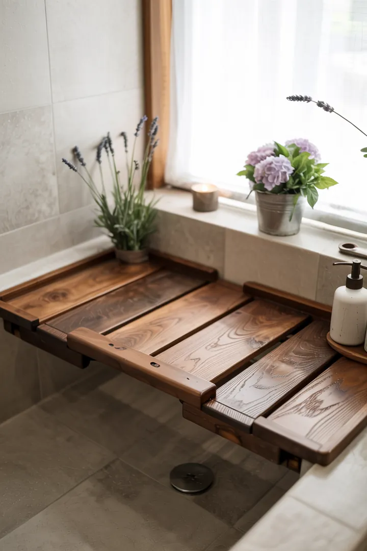 Elegante Holzabdeckung für eine Badewanne, die als stilvolle Ablage und praktische Sitzbank dient, ideal für jeden Badezimmerstil.