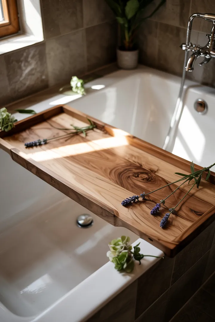 Elegante Holzabdeckung für eine Badewanne, die geschickt Stauraum bietet und gleichzeitig stilvoll in jedes Badezimmer passt.