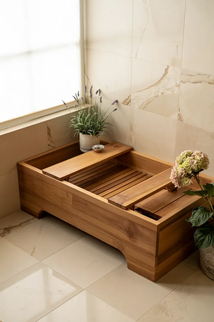 Ein stilvolles Badezimmer mit einer cleveren Lösung für zusätzlichen Platz, wo eine Wanne als praktischer Aufbewahrungsort genutzt wird. Praktische Tipps zur Raumnutzung.