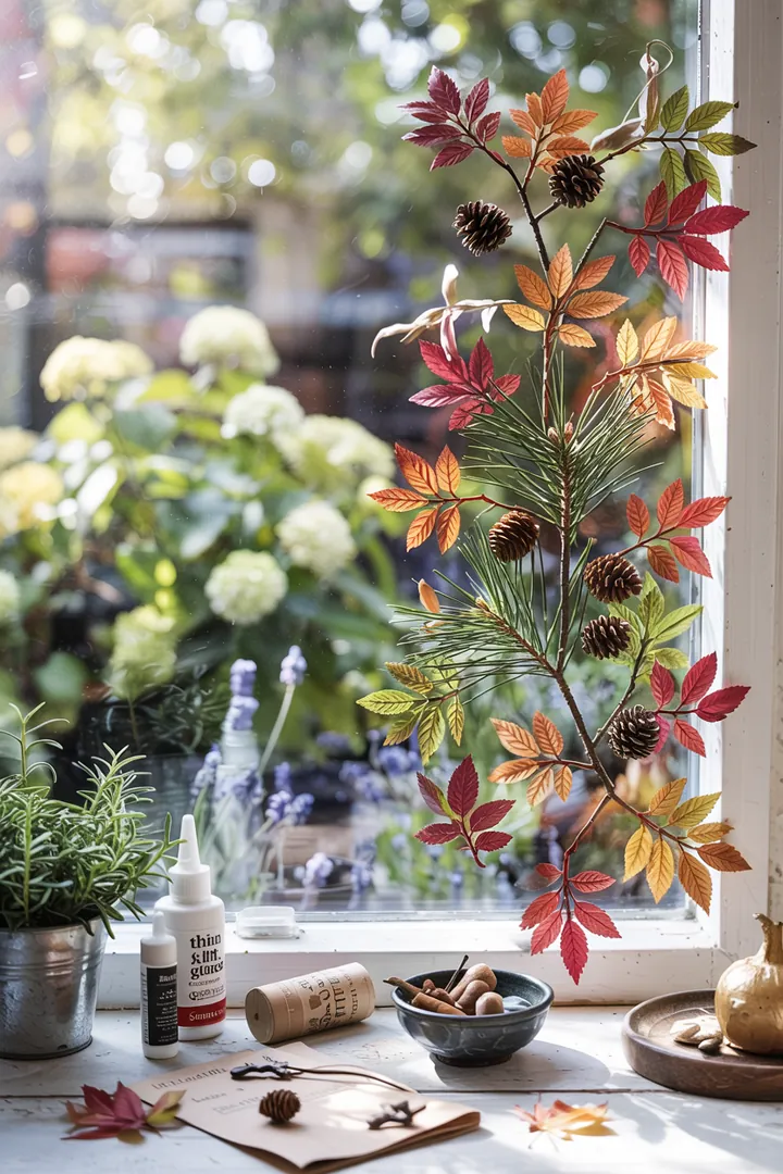 Bunte Bastelideen für die Herbstzeit in einer Kinderbetreuung, kreative Fensterdekorationen aus Naturmaterialien, die gemeinsam mit Kindern gestaltet werden.