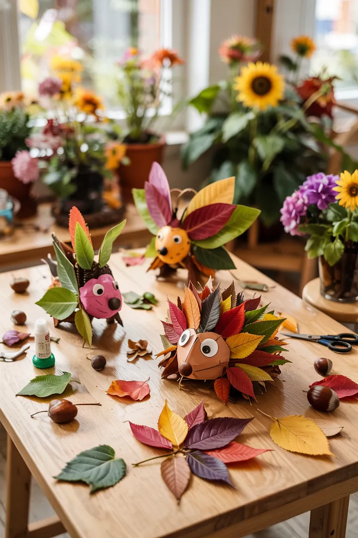 Bunte Bastelarbeiten von Kleinkindern, inspiriert von natürlichen Materialien, verleihen einem Raum eine charmante und kreative Atmosphäre.