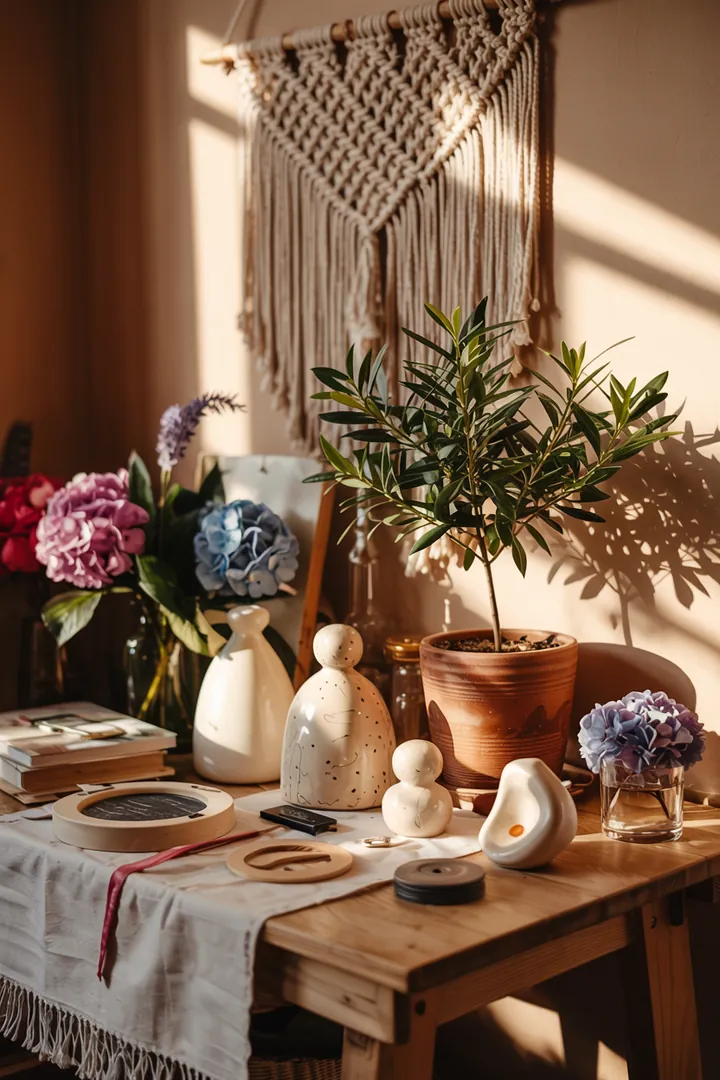 Bunt gestaltete Kissen und kreative DIY-Elemente schaffen eine einladende, eklektische Atmosphäre, ideal für einen Boho-inspirierten Raum.