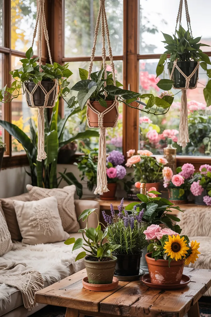 Eine harmonische Anordnung von rustikalen Blumentöpfen in warmen Erdtönen, die mit grünen, hängenden Pflanzen geschmückt sind.