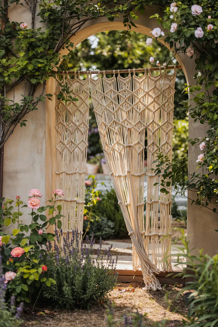 Eleganter handgefertigter Stoff mit kunstvollen Knoten, der eine ansprechende, natürliche Atmosphäre in einem Wohnraum schafft und perfekt für kreative Boho-Inspirationen ist.