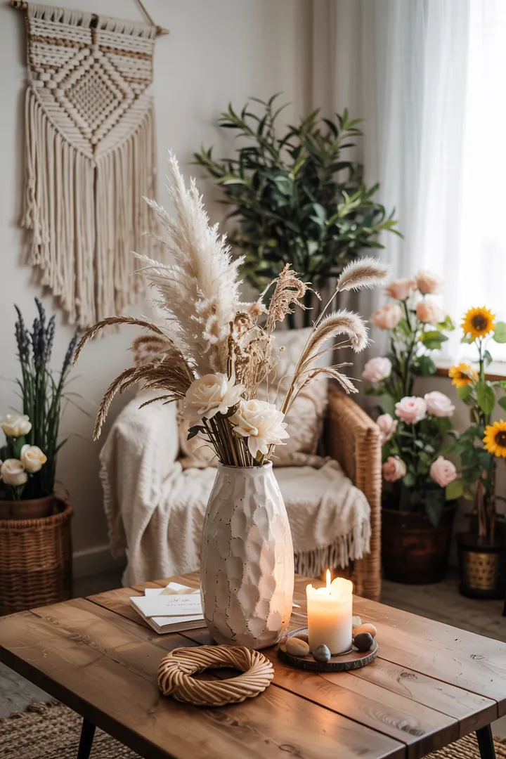 Ein stilvolles Arrangement von getrockneten Pflanzen, das sanfte Farbnuancen und eine natürliche Ästhetik ausstrahlt, ideal für moderne Wohnräume.