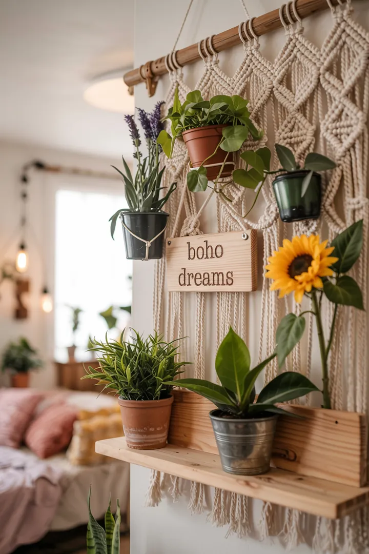 Ein kunstvoller Handwerkvorhang aus Schnüren, der hängende Pflanzen in einem stilvollen Raum elegant präsentiert.