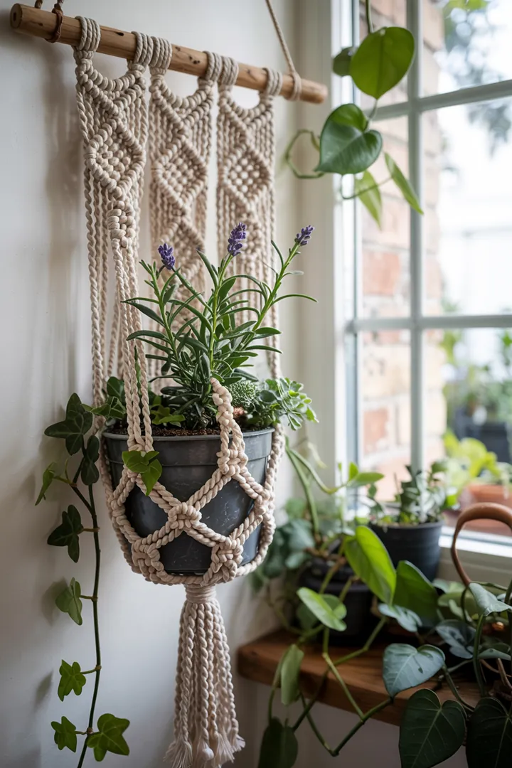 Kreatives Wanddekor aus Kunstfaser, das hängende Pflanzen stilvoll präsentiert und einen gemütlichen, natürlichen Look verleiht. Ideal für Innenräume.