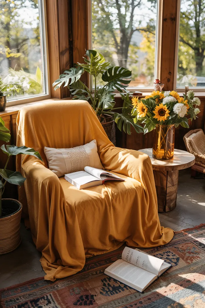 Ein harmonisches Design mit lebendigen, erdigen Tönen und inspirierenden Akzenten, das eine entspannte, kreative Atmosphäre vermittelt. Ideal für individuelle Raumgestaltungen.