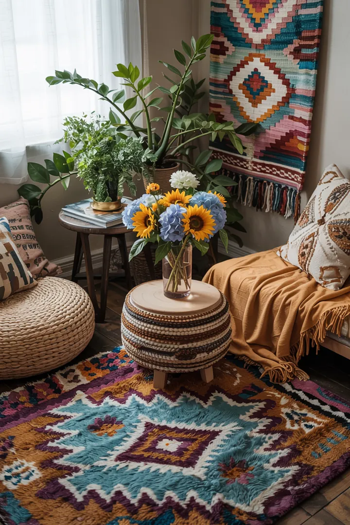 Ein lebendiger Raum mit harmonischen Farbtönen, der kreative Farbschemata vereint und ein einladendes, buntes Zuhause schafft. Ideal für inspirierende Wohnideen.