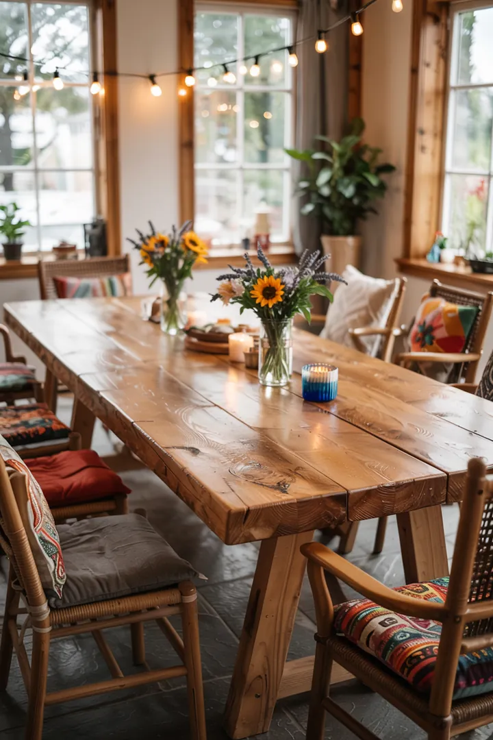 Ein einladendes Arrangement mit einem rustikalen Holztisch, umgeben von natürlichen Elementen und warmem Licht, das Gemütlichkeit und einladende Atmosphäre vermittelt.