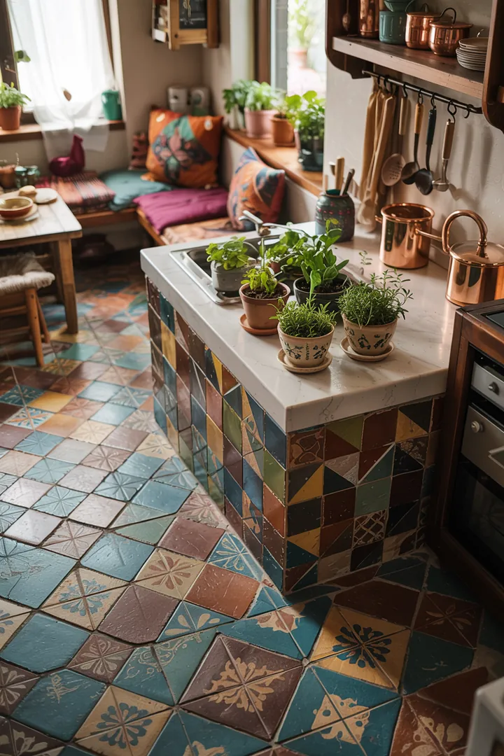 Ein elegantes Bodenmuster in sanften Farben, das durch die Verwendung von Zementfliesen entsteht und stilvolle Akzente in jedem Raum setzt.