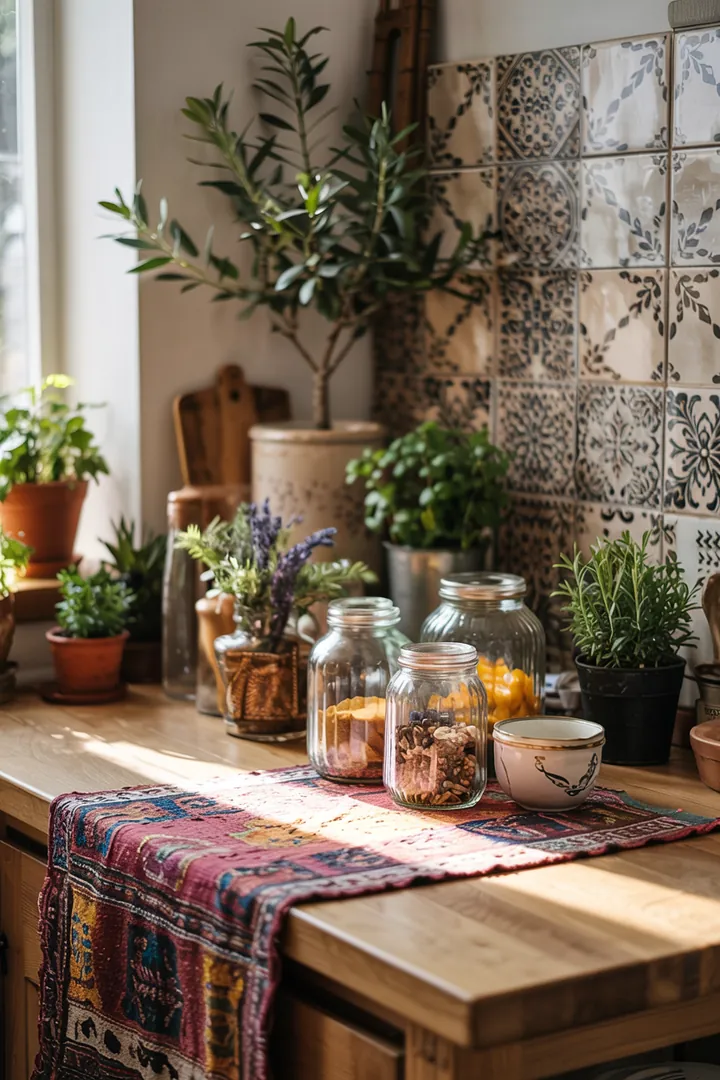 Farbige Zementfliesen bilden einen lebhaften Blumenteppich, während ein eleganter Glasbehälter frische Pflanzen harmonisch präsentiert.