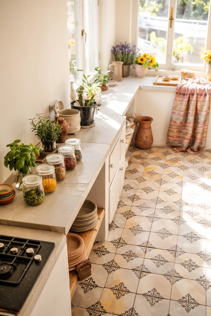 Ein dekorativer Bodenbelag aus farbenfrohen, geometrischen Mustern, der Zementfliesen-Designs in einem modernen Wohnraum präsentiert.