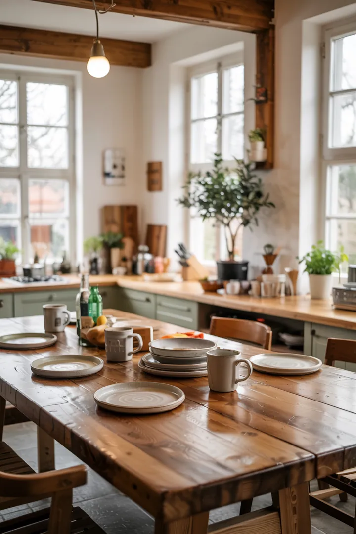 Entspanntes Ambiente einer stilvollen Küche mit Holzdetails und eleganten Akzenten, die moderne und rustikale Elemente harmonisch vereinen.