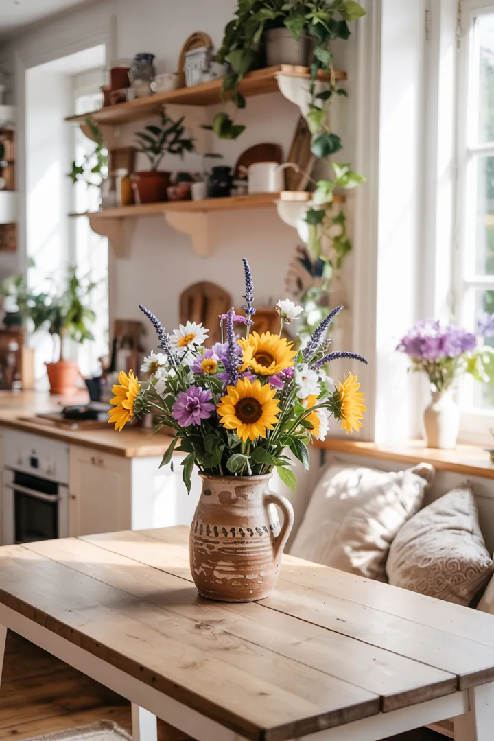 Ein stilvolles Regal aus natürlichem Material, dekoriert mit üppigen Pflanzen und lebendigen Farben, das eine harmonische Atmosphäre schafft. Ideal für Pflanzenliebhaber.