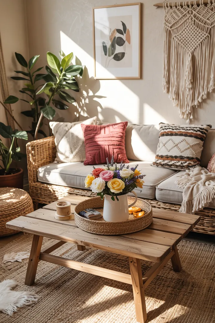 "Gemütliches Schlafzimmer mit einem natürlichen Holzbett, umgeben von boho-inspirierten grünen Akzenten, die eine harmonische Atmosphäre schaffen."