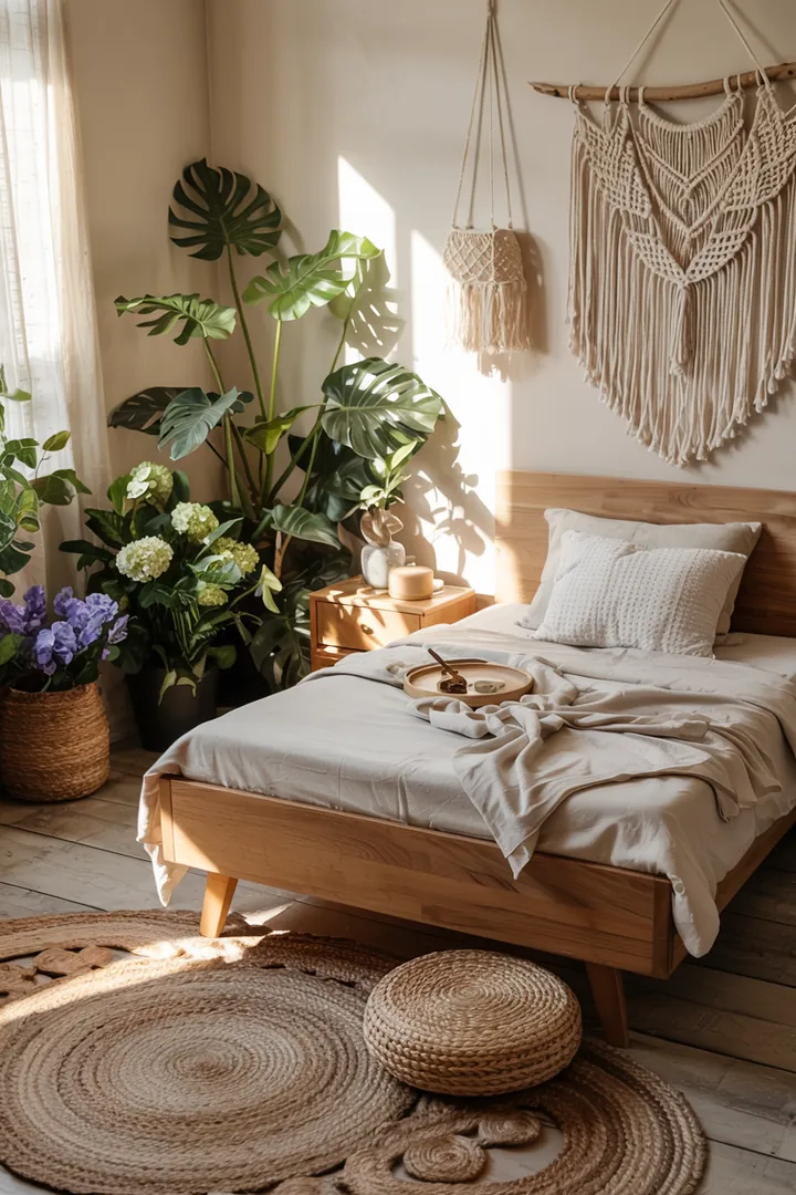 Ein gemütlicher Raum mit stilvollen Kissen, natürlichen Materialien und einer entspannten Boho-Atmosphäre, ideal für kreative Raumgestaltung.