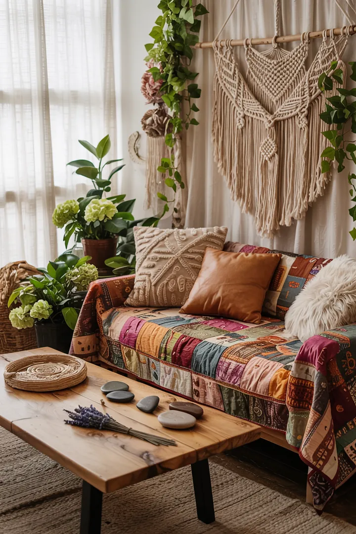 Ein stilvoll eingerichteter Raum im Boho-Stil mit natürlichen Materialien, gemütlichen Textilien und einer harmonischen Farbpalette, die einladende Atmosphäre schafft.
