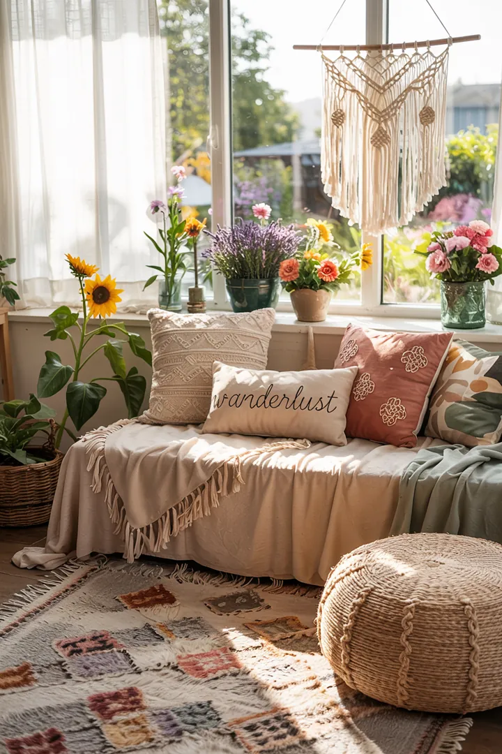 Ein harmonisches Wohnambiente, das natürliche Elemente und erdige Farben vereint, verkörpert den Boho Style und strahlt zeitlose Schönheit aus.