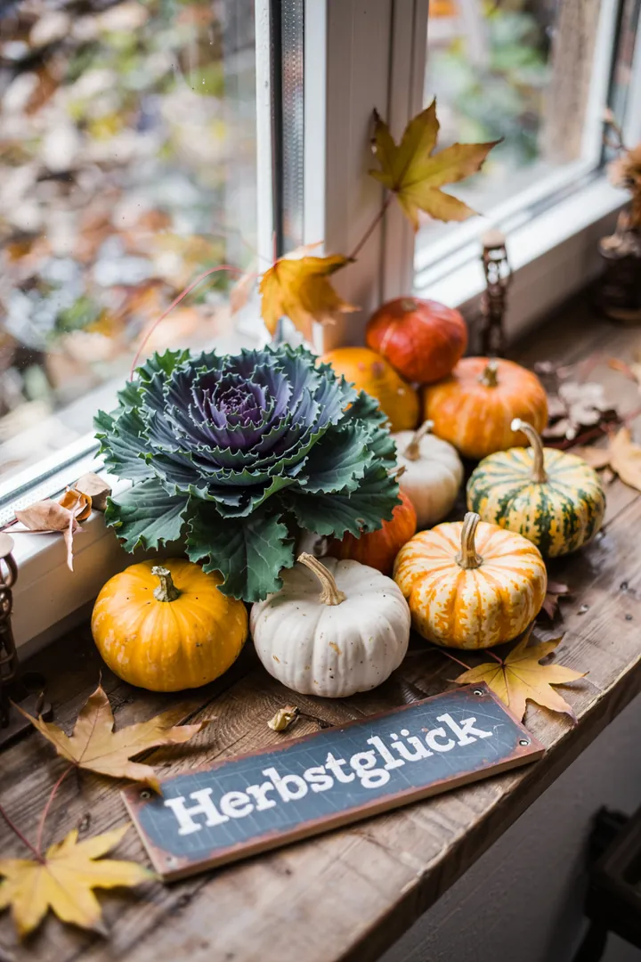Bunte Fensterdekoration mit dekorativen Pflanzen und kleinen Kürbissen, inspiriert von herbstlichen Akzenten und kreativen Gestaltungsideen.