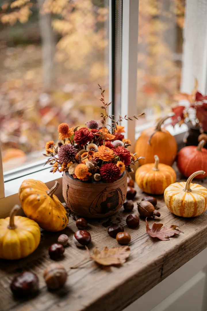 „Gemütliche Fensterbänke mit herbstlicher Dekoration, die eine warme Atmosphäre schaffen und kreative Deko Ideen präsentieren.“