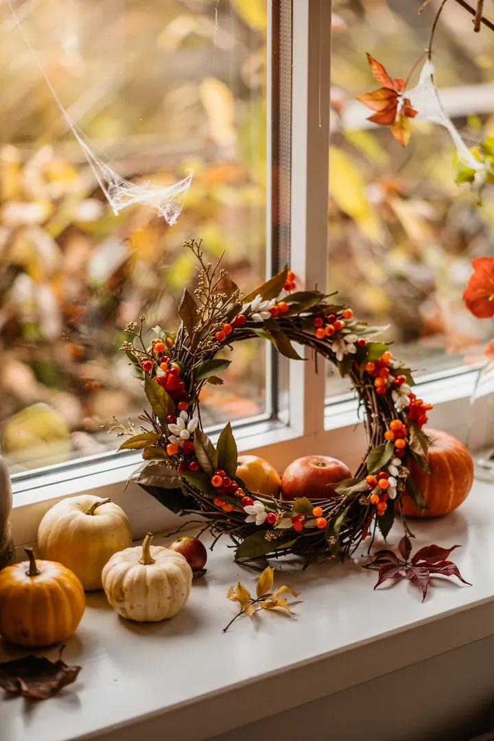 Ein rustikaler Kranz aus flexiblen Weidenzweigen, geschmückt mit bunten Blättern und Herbstblüten, ideal für saisonale Dekorationen.