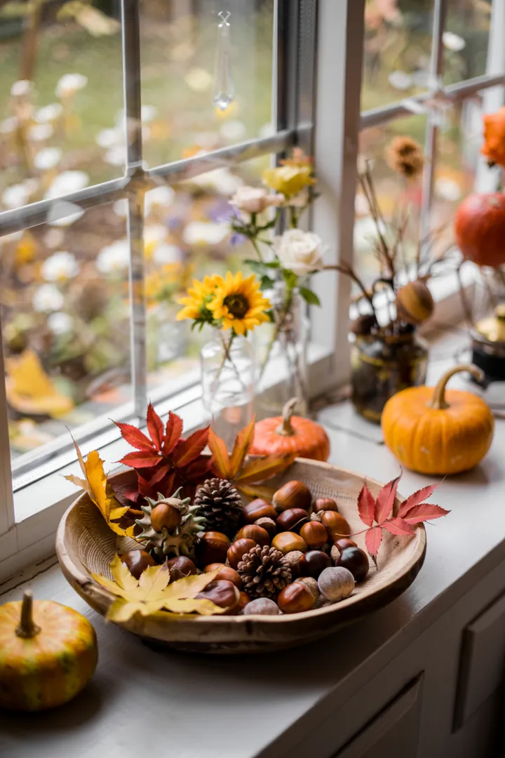 Eine stilvolle Kombination aus einer dekorativen Schale und einem Blumenkasten, gefüllt mit herbstlichen Farben und natürlichen Elementen für eine einladende Atmosphäre.