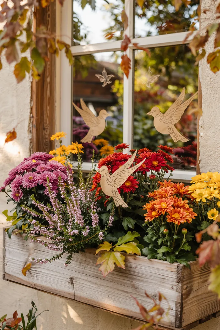 Ein kunstvoller Papierausschnitt zeigt eine elegante Vogel Silhouette, umgeben von leuchtenden Herbst Blumen in warmen Farbtönen.