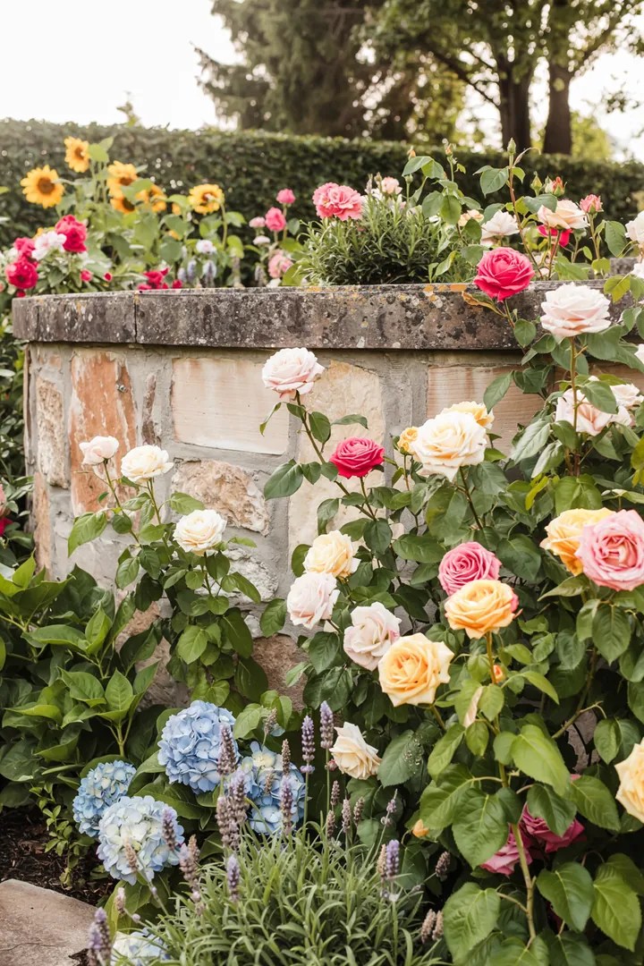 Eine liebevoll gestaltete Outdoor-Oase mit einer gemütlichen Sitzecke, umgeben von einer charmanten Abgrenzung aus Naturmaterialien, die den Garten harmonisch umrahmt.