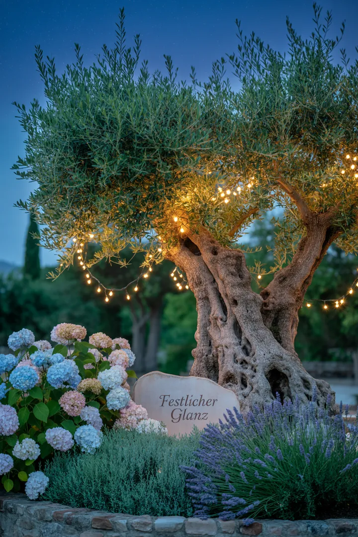 Beleuchtete Bäume und festliche Stimmung im Freien, umgeben von einer charmanten Lichterkette für ein zauberhaftes Weihnachtsambiente im Garten.