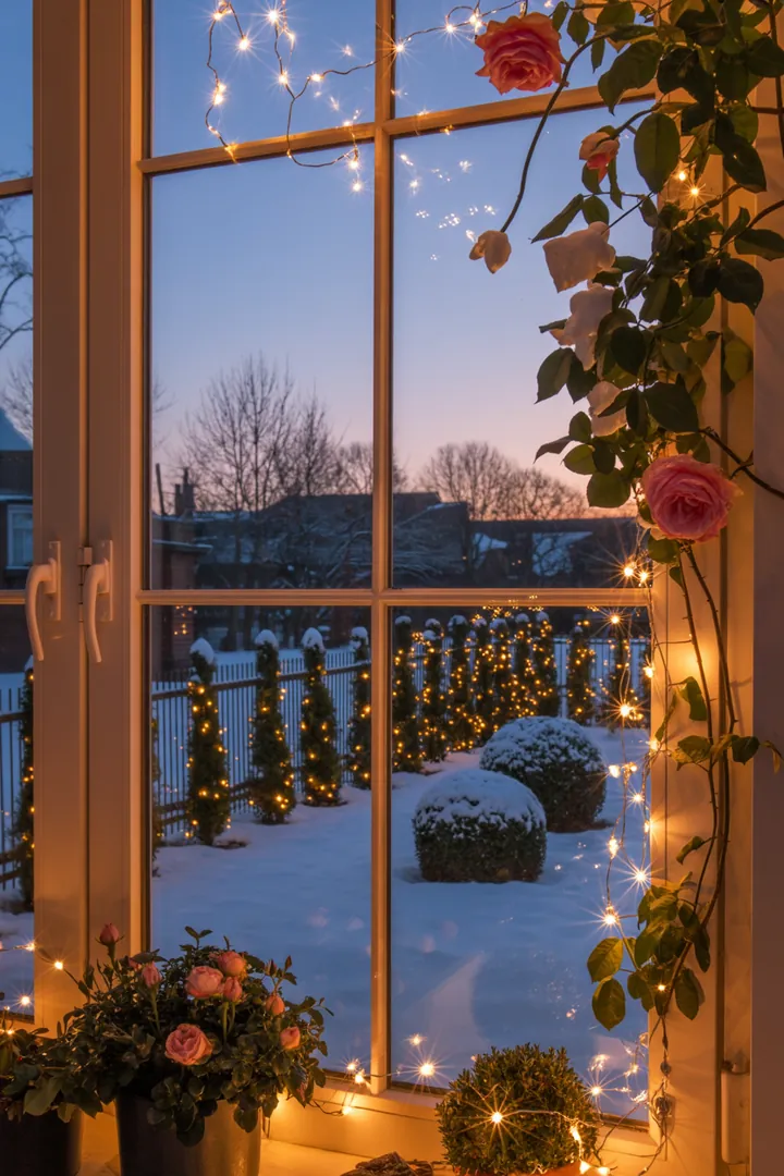 Eine festliche Fensterdekoration mit einem leuchtenden Stern, umgeben von einer funkelnden Lichterkette, die eine weihnachtliche Atmosphäre schafft.