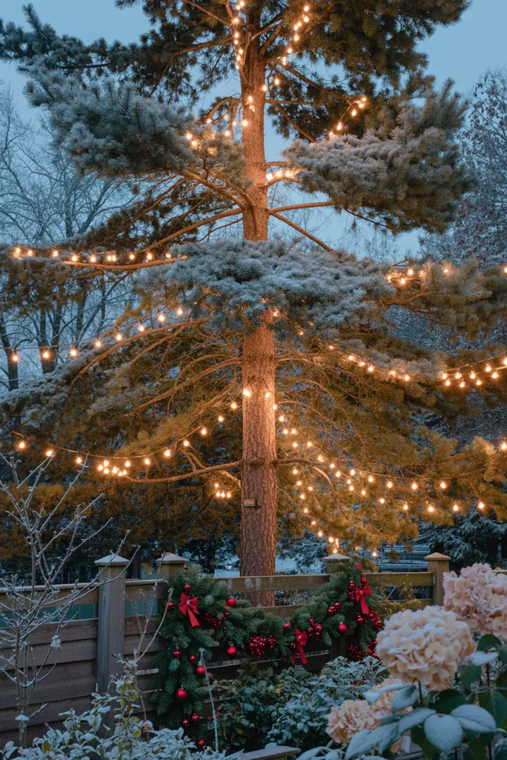 Eine festliche Außenansicht eines Hauses, umgeben von strahlenden, geschmückten Bäumen in winterlicher Atmosphäre, die eine einladende weihnachtliche Stimmung erzeugen.