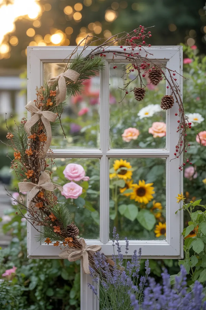 Ein stilvolles Arrangement aus Naturmaterialien, das an einem Fenster hängt und eine gemütliche Atmosphäre schafft, ideal für kreative Wohnraumgestaltungen. Perfekt als Ast Fensterdeko.