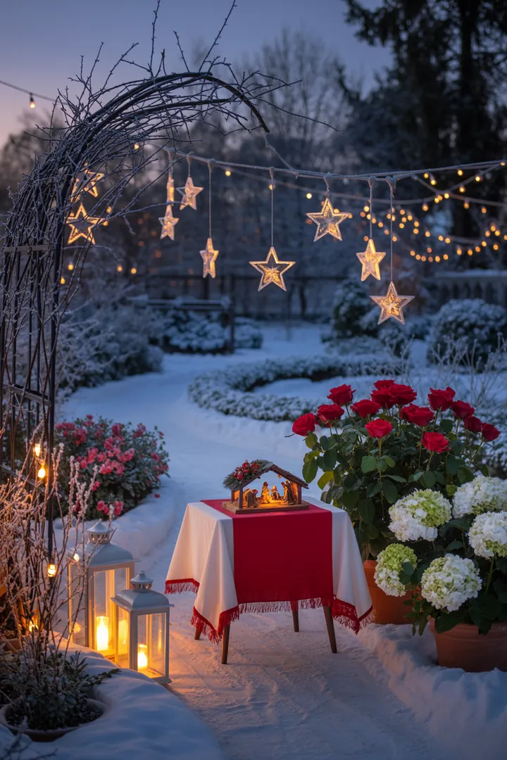 Eine festliche Außenansicht mit eleganten winterlichen Verzierungen und frostigen Elementen, die eine gemütliche und einladende Atmosphäre schaffen.