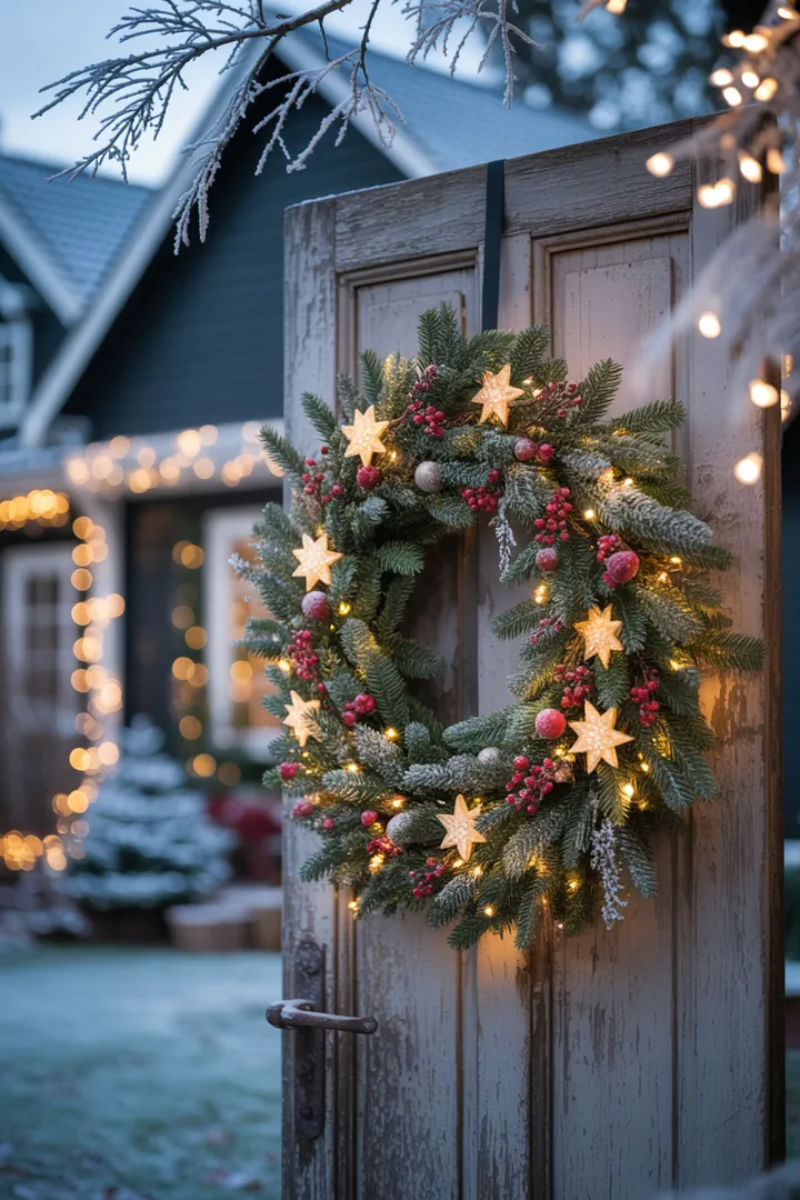 Ein festlicher Türkranz aus natürlichen Materialien, ideal für die saisonale Dekoration im Freien, bringt weihnachtliche und herbstliche Stimmung.