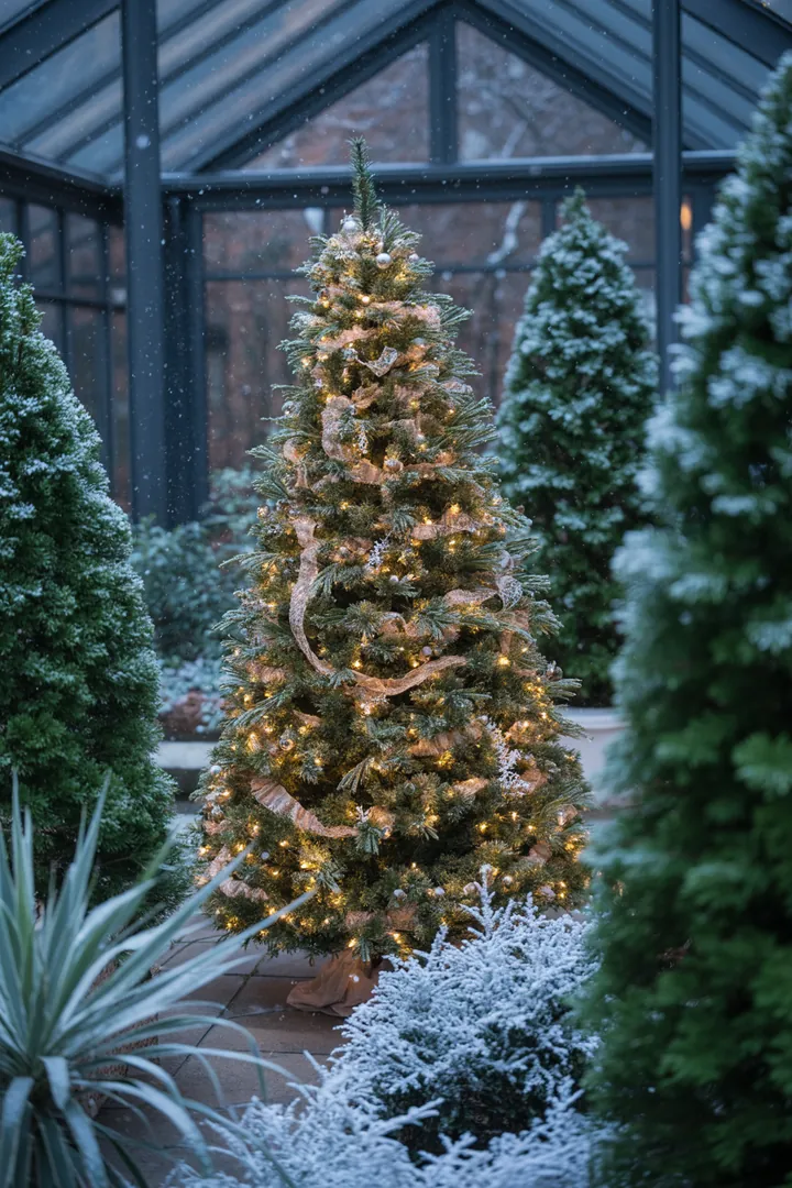 Ein liebevoll dekorierter kleiner Weihnachtsbaum steht auf einem Fensterbrett, umgeben von funkelnden Lichtern und festlicher Ast Fensterdeko, die eine gemütliche Atmosphäre schafft.