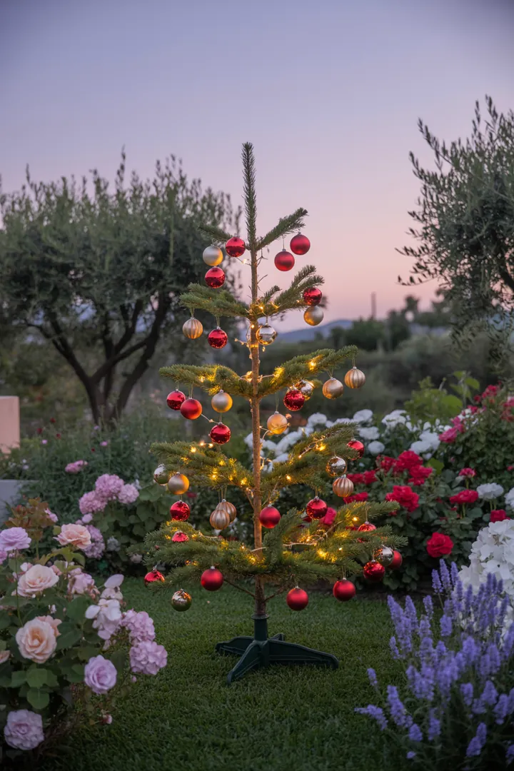 Ein festlich geschmückter Miniaturbaum mit bunten Ornamenten und leuchtenden Lichtern, der weihnachtliche Stimmung verbreitet. Ideal für kleine Räume oder als dekoratives Element.