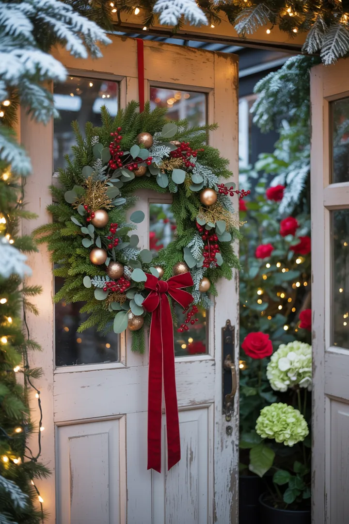Ein festlich dekorierter Türkranz, geschmückt mit Tannenzweigen, roten Beeren und glänzenden Bändern, bringt Weihnachtsstimmung ins Heim.