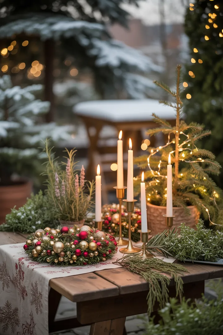 Ein festlich dekorierter Außenbereich mit leuchtenden Lichtern, grünen Pflanzen und winterlichen Akzenten, ideal für die Feiertage und einladend für Besucher.