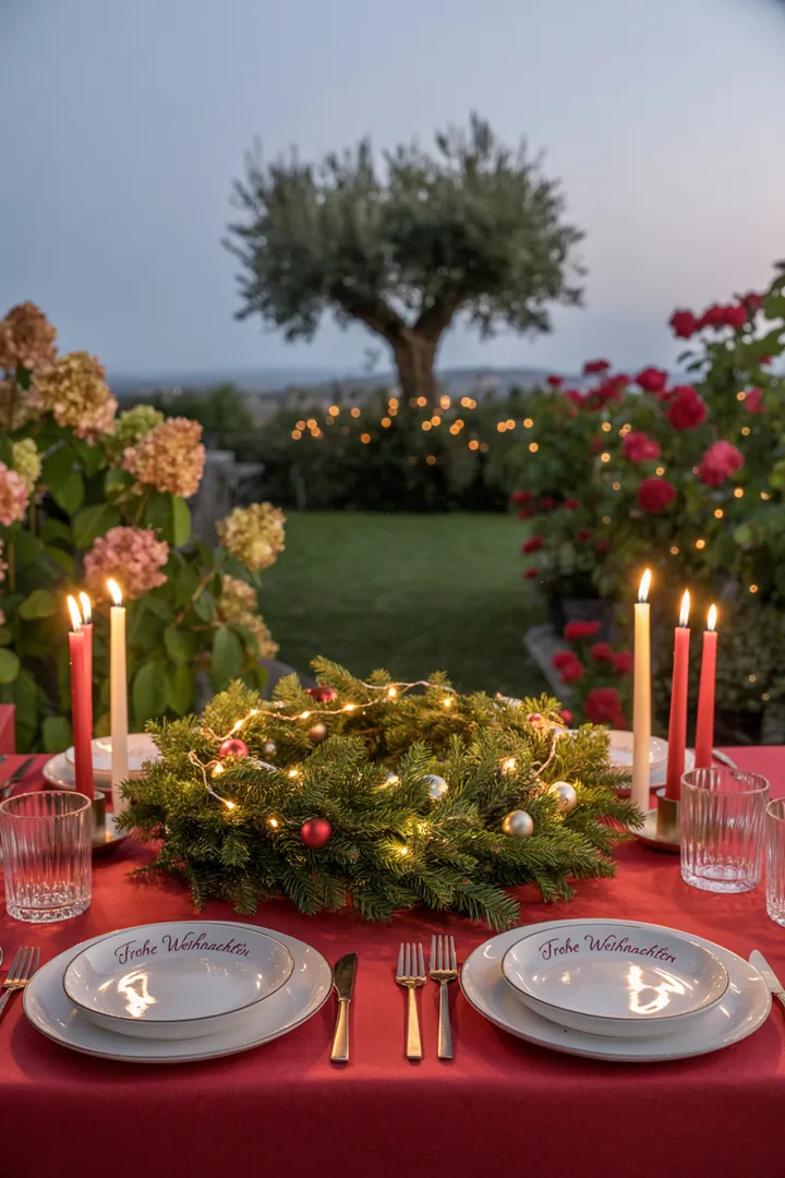 Ein festlich dekorierter Tisch im Freien, umgeben von Weihnachtsmarkt-Elementen, strahlt eine gemütliche Atmosphäre für festliche Zusammenkünfte aus.