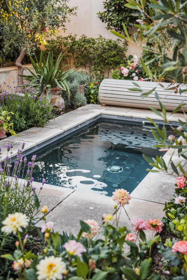 Entspannender Gartenraum mit einem kleinen Wasserbecken, umgeben von Pflanzen und Holzdeck für eine harmonische Atmosphäre. Ideal für kreative Gestaltungsideen.