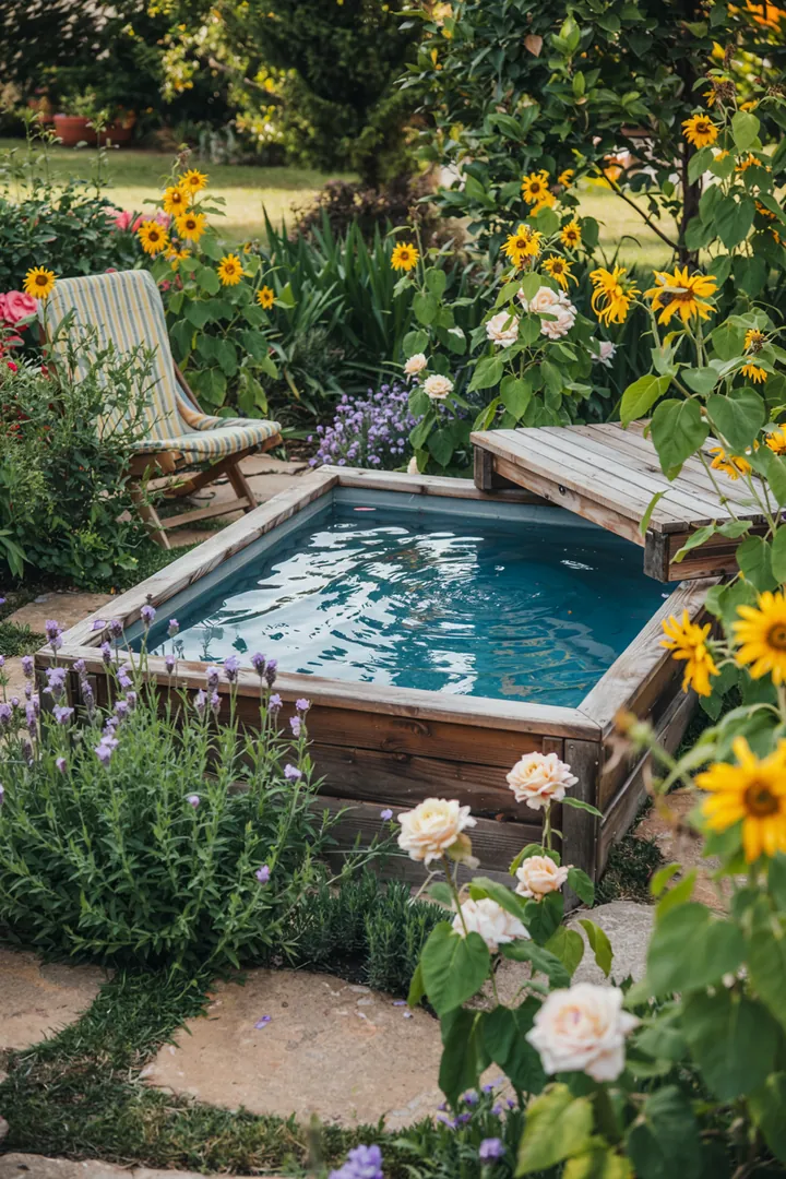 Ein einladender Außenbereich mit einem kleinen Wasserspiel, umgeben von üppigem Grün und stilvollen Gestaltungselementen, ideal für kreative Pool-gartenbau-Projekte.
